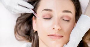 Woman receiving facial injection, representing Sculptra treatment in Orlando, FL for natural collagen stimulation and rejuvenation.