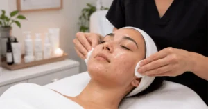 Esthetician performing a professional acne facial to cleanse congested, breakout-prone skin during humid weather.