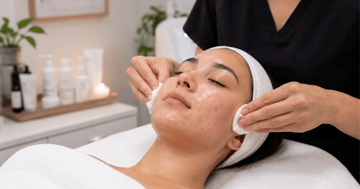Esthetician performing a professional acne facial to cleanse congested, breakout-prone skin during humid weather.