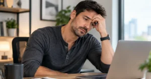 Tired male professional experiencing fatigue while working at his desk